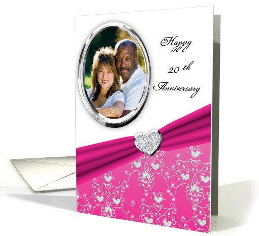 Elegant Pink Heart Damask 20th Wedding Anniversary Custom Photo card