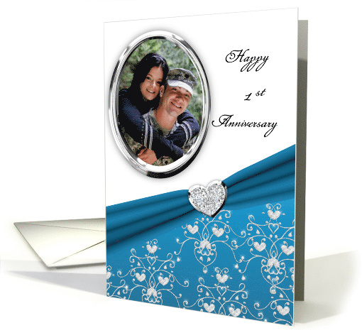 Elegant Teal Heart Damask 1st Wedding Anniversary Custom Photo card