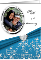 Elegant Teal Heart Damask 1st Wedding Anniversary Custom Photo Card