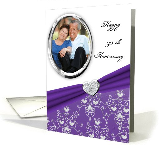 Elegant Purple Heart Damask 30th Wedding Anniversary Custom Photo card
