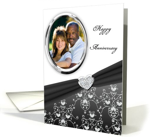 Elegant Black Heart Damask Wedding Anniversary Custom Photo card