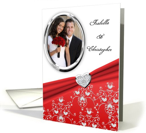 Elegant Red Diamond Heart Damask Wedding Invitation Custom Photo card
