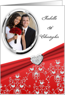 Elegant Red Diamond Heart Damask Wedding Invitation Custom Photo Card