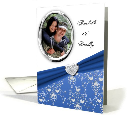 Elegant Blue Diamond Heart Damask Wedding Invitation Custom Photo card