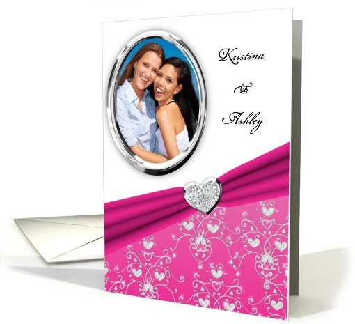 Elegant Pink Diamond Heart Damask Wedding Invitation Photo card