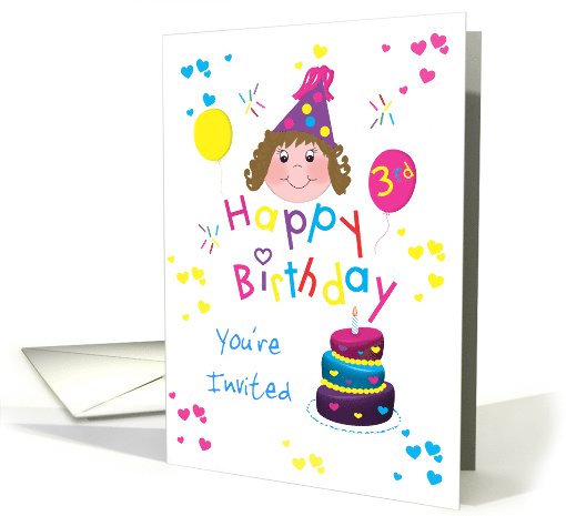 For Girls - Colorful Hearts Happy 3rd Birthday Invitation card