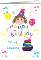 For Girls - Colorful Hearts Happy 3rd Birthday Invitation Card