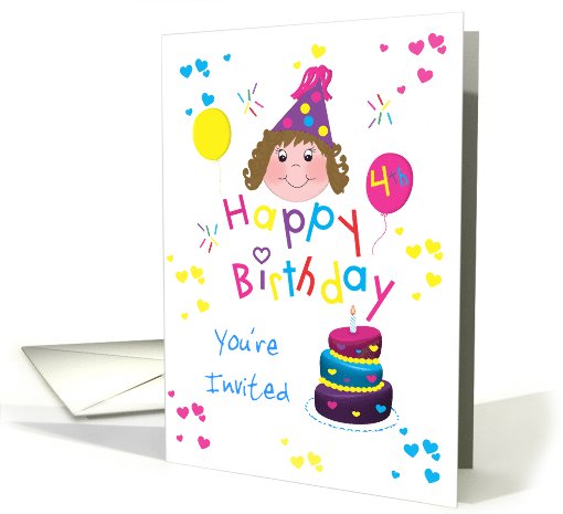 For Girls - Colorful Hearts Happy 4th Birthday Invitation card