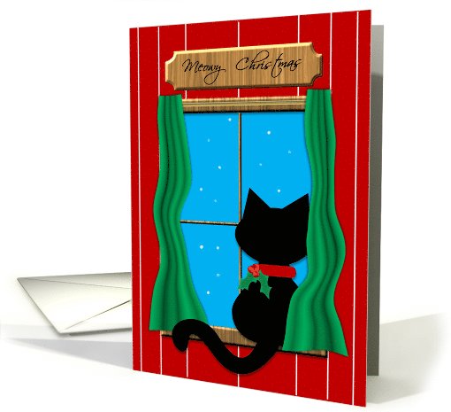 Cute Black Cat sitting in a Snowy Window ~ Meowy Christmas card