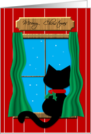Cute Black Cat sitting in a Snowy Window ~ Meowy Christmas Card