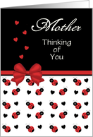 For Mother - Cute Red and Black Ladybug Hearts Thinking of You Card