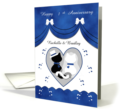 Customizable For Couple Blue Cute Cat Happy 1st Anniversary card