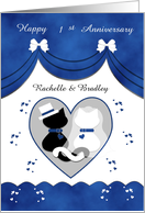 Customizable For Couple Blue Cute Cat Happy 1st Anniversary Card