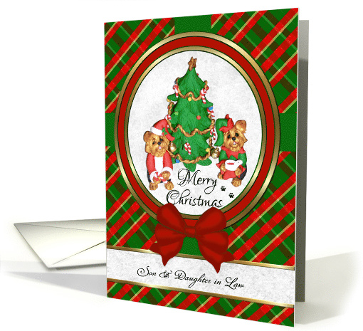 For Son & Daughter in Law - Cute Santa Yorkie Art Merry Christmas card