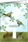Gold and Teal Birds, Birdbath,Rabbit and Butterflies, Blank, Note card