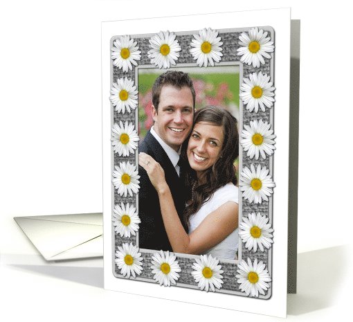 White and Yellow Daisies on Grayscale Burlap Frame Photo card