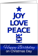 Merry Christmas,On Your Birthday, Blue and White Tree card