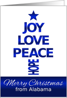 Merry Christmas,From Alabama, Blue and White Tree card