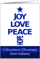 Merry Christmas,From Indiana, Blue and White Tree card