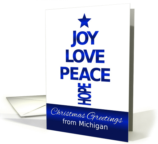 Merry Christmas,From Michigan, Contemporary Blue and White Tree card