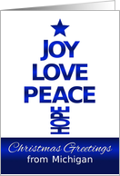 Merry Christmas,From Michigan, Contemporary Blue and White Tree card