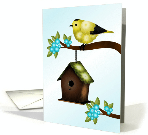 Yellow and Black Bird and Birdhouse,Thinking of You card (1393558)