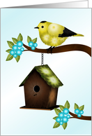 Yellow and Black Bird and Birdhouse,Thinking of You card