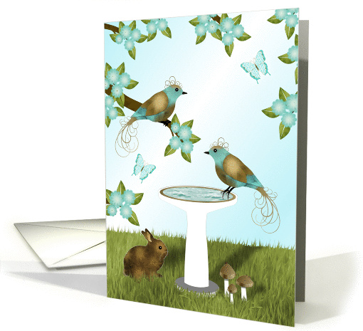 Gold and Teal Birds, Birdbath,Rabbit and Butterflies, Blank, Note card