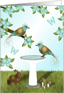 Gold and Teal Birds, Birdbath,Rabbit and Butterflies, Blank, Note card