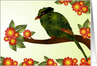 Green Magpie and Orange and Yellow Flowers, Thinking of You, Aunt card