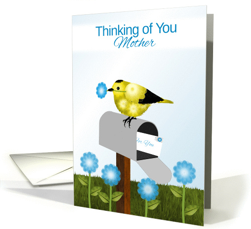 Yellow and Black Bird on Maibox with Flower, Thinking of You, Mom card