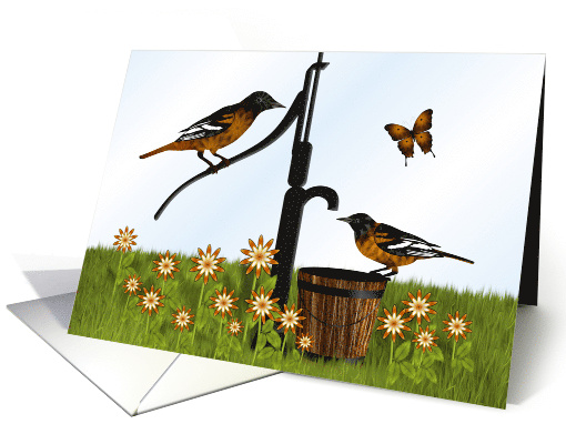 Baltimore Oriole Birds and Pump, Blank Note card (1438034)