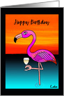 Pink Flamingo Drinking Wine Birthday card