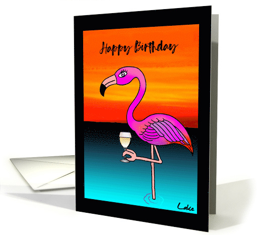 Pink Flamingo Drinking Wine Birthday card (1489120)