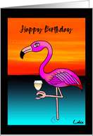 Pink Flamingo Drinking Wine Birthday card