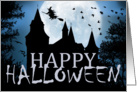 Happy Halloween - Blue moon light sky, Witch and haunted house card