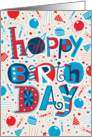 Hand Lettering, Balloons, Candles, Party Hats Happy Birthday card