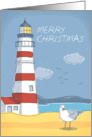 Lighthouse, Seagull and Ocean Landscape Merry Christmas card