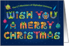 Alphabet Shaped Cute Space Monster Characters, Merry Christmas card