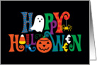 Happy Halloween with Ghost, Pumpkin, Spider, Bats, Candy Corn card