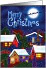Santa & Reindeer over Moon and Houses, Merry Christmas card