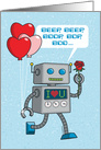 Robot Holding Heart Balloons & Rose, Valentine’s Day card