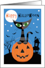 Halloween Cat in Pumpkin Spooky House and Bats card