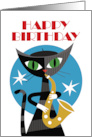 Birthday Cool Cat in Beret Playing Saxophone card