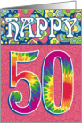 Happy 50th Birthday Tie Dye and Flowers card