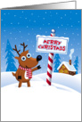 Christmas, From Our Home to Yours, Cute Reindeer at North Pole card