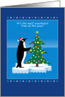 Merry Christmas, Penguin in Santa Hat, Decorating Tree card