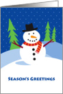 Season’s Greetings, Cute Snowman on Hill in Snow card