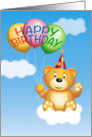 Cute Bear with Party Hat on a Cloud with Balloons, Happy Birthday card