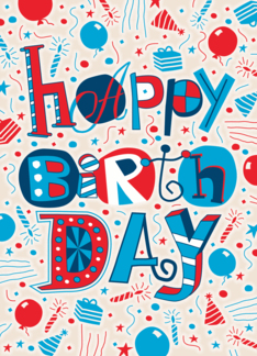 Hand Lettering, Balloons, Candles, Party Hats Happy Birthday